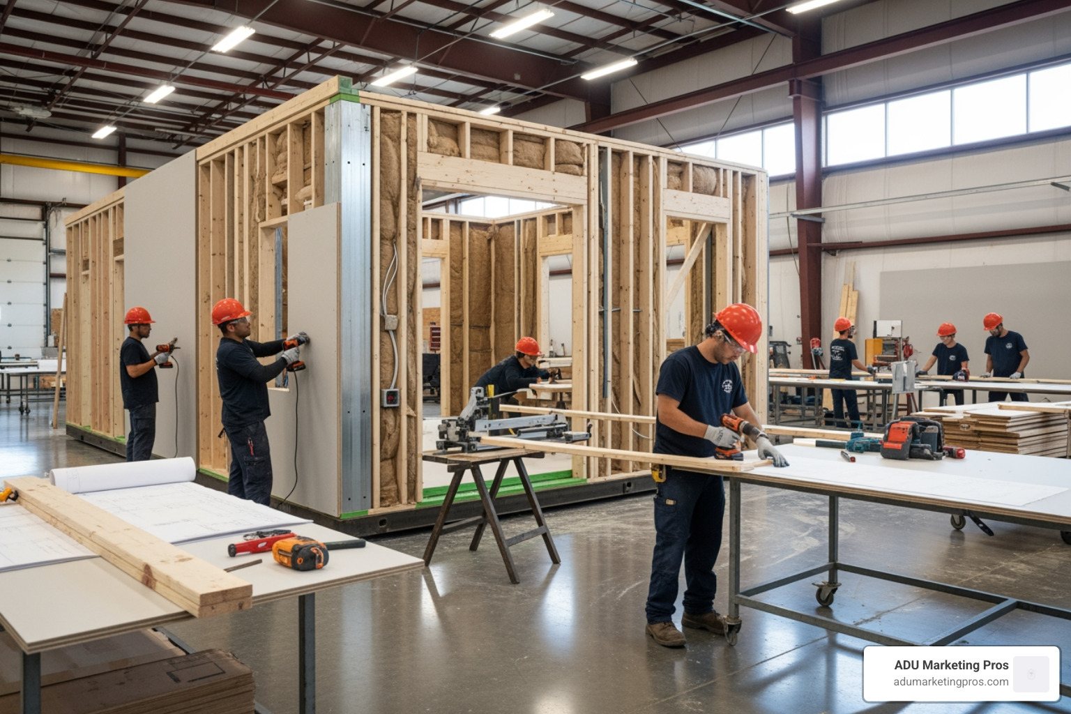 A prefab ADU module being constructed inside a clean, well-lit factory, showing workers using precision tools - Prefab studio ADU