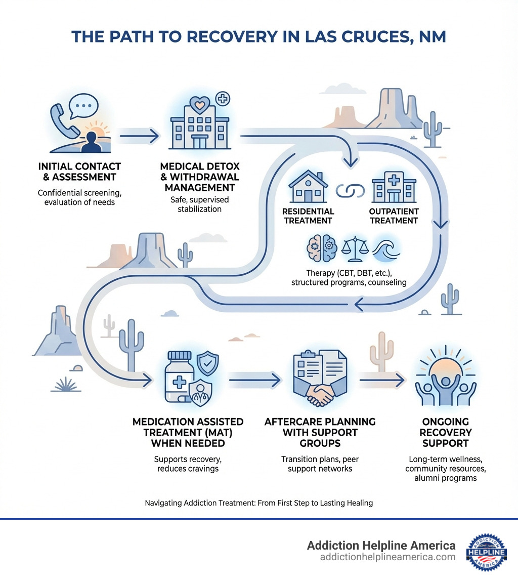 infographic showing the path from addiction to recovery in las cruces, including initial contact and assessment, medical detox and withdrawal management, residential or outpatient treatment with therapy like cbt and dbt, medication assisted treatment when needed, aftercare planning with support groups, and ongoing recovery support - rehab centers in las cruces new mexico infographic infographic showing the path from addiction to recovery in las cruces, including initial contact and assessment, medical detox and withdrawal management, residential or outpatient treatment with therapy like cbt and dbt, medication assisted treatment when needed, aftercare planning with support groups, and ongoing recovery support - rehab centers in las cruces new mexico infographic