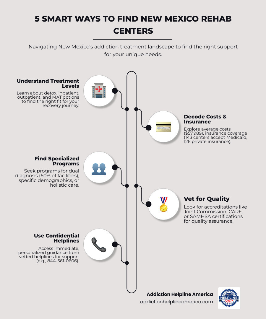 Infographic showing 5 ways to find rehab centers in New Mexico: 1) Understand treatment levels (detox, inpatient, outpatient, MAT), 2) Decode costs and insurance options (average $57,989, Medicaid accepted at 143 facilities), 3) Find specialized programs (dual diagnosis, demographics-specific), 4) Vet for quality accreditations (Joint Commission, CARF, SAMHSA), 5) Use confidential helplines for immediate support (844-561-0606) - rehab centers in new mexico infographic infographic-line-5-steps-elegant_beige