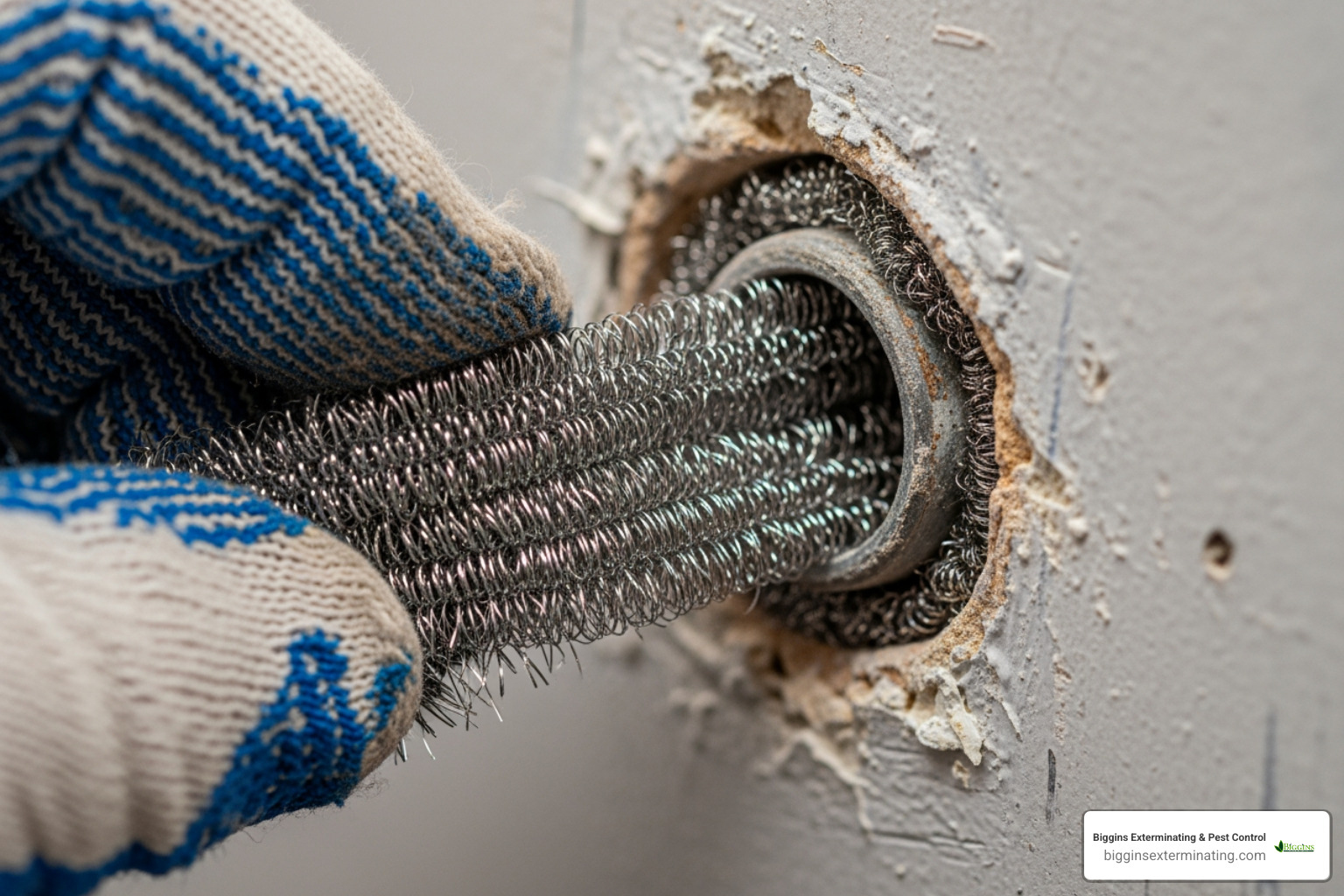 steel wool being used to seal a gap around a pipe - non lethal rodent control