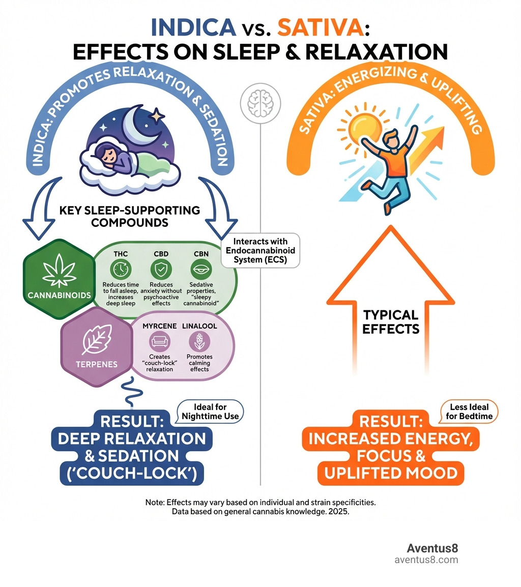 infographic showing indica versus sativa effects on sleep, with indica promoting relaxation and sedation through cannabinoids like THC CBD and CBN, plus terpenes like myrcene and linalool, compared to sativa's energizing properties - Indica vape for sleep infographic 