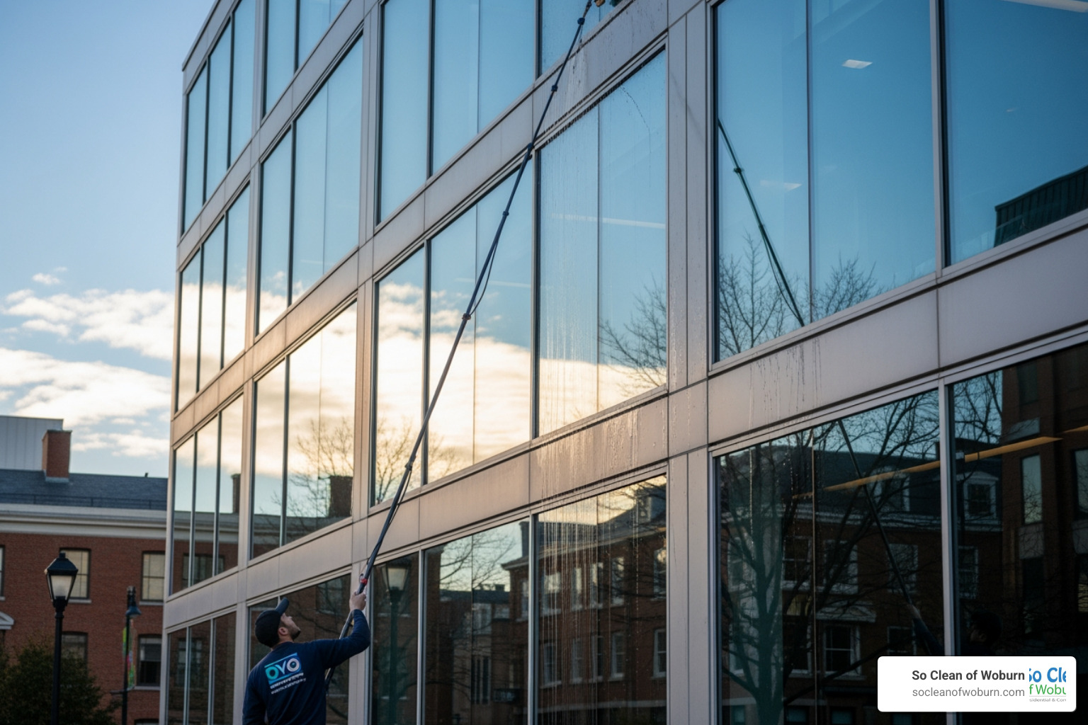 A professional window cleaner using a water-fed pole system on a multi-story office building in Cambridge, MA - office window cleaning Cambridge