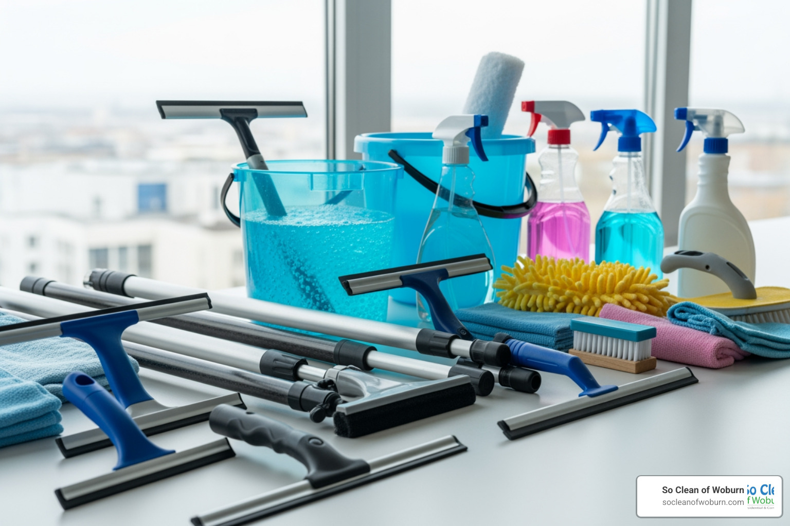 Professional-grade squeegees, poles, and specialized cleaning solutions used by window cleaners - office window cleaning Cambridge