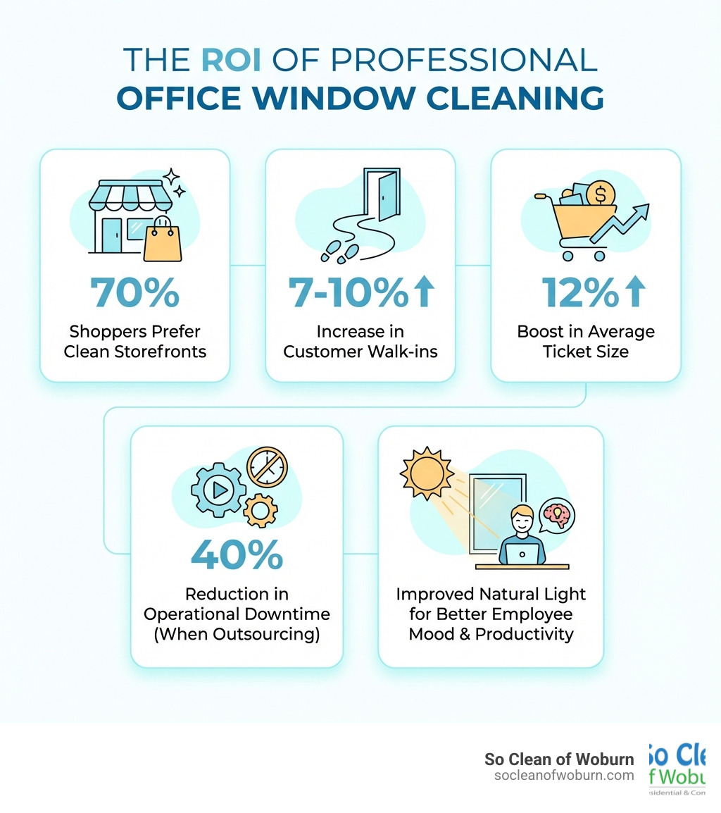 Infographic showing the ROI of professional office window cleaning: 70% of shoppers prefer clean storefronts, 7-10% increase in customer walk-ins, 12% boost in average ticket size, 40% reduction in operational downtime when outsourcing, plus improved natural light for better employee mood and productivity - office window cleaning Cambridge infographic 