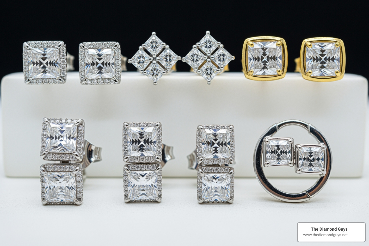 Collection of different square diamond earrings in various metals and styles - square diamond earrings for guys Collection of different square diamond earrings in various metals and styles - square diamond earrings for guys