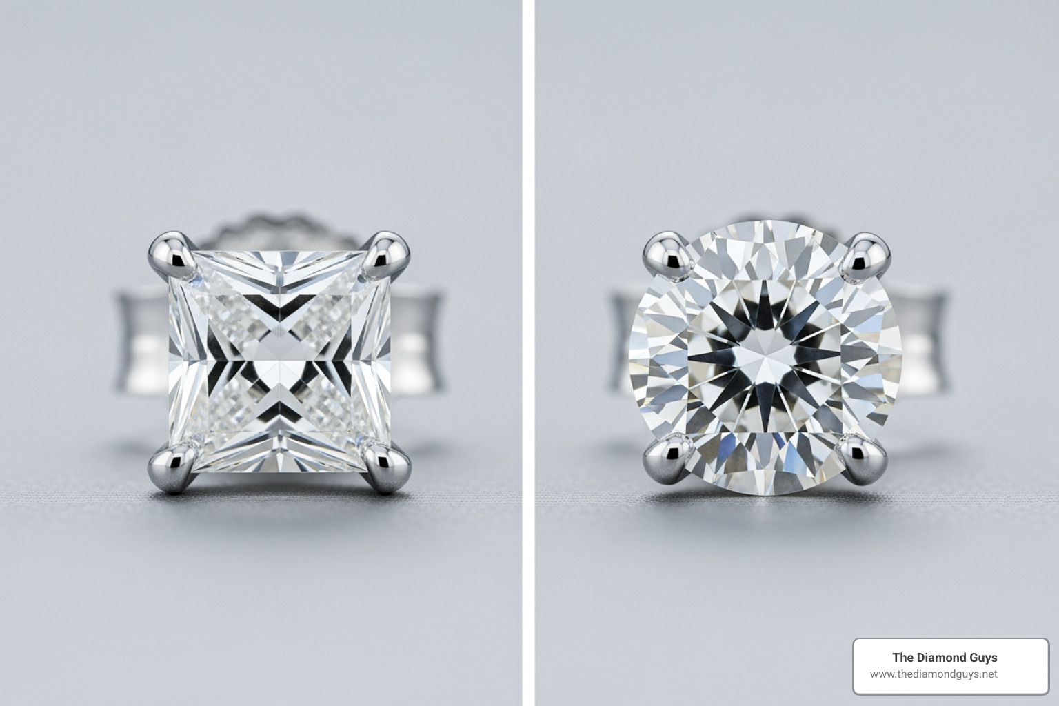 Comparison of a square-cut diamond earring next to a round-cut diamond earring - square diamond earrings for guys Comparison of a square-cut diamond earring next to a round-cut diamond earring - square diamond earrings for guys