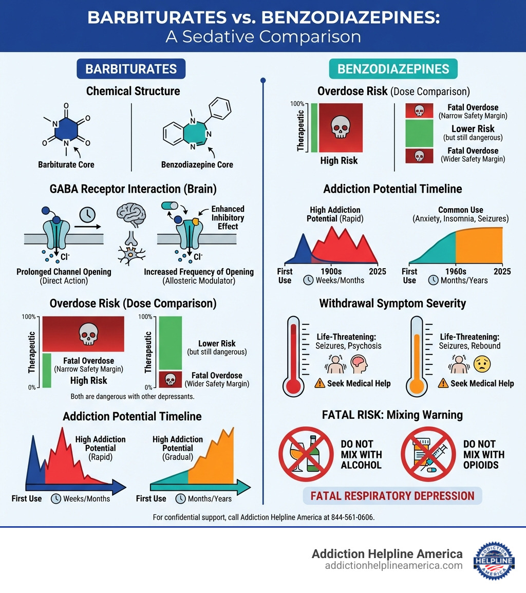 Detailed infographic comparing barbiturates and benzodiazepines side-by-side, showing their chemical structure differences, how they interact with GABA receptors in the brain, their respective overdose risks illustrated with dose comparison charts, addiction potential timelines, current medical uses with prescription trend graphs, withdrawal symptom severity scales, and visual warnings about mixing with alcohol or opioids - barbiturates vs benzo infographic 