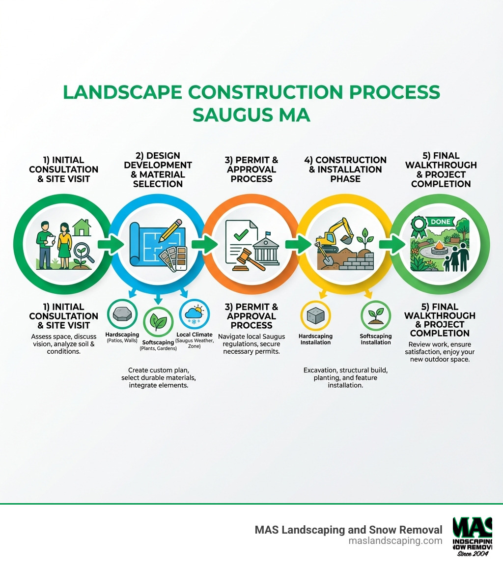 Infographic showing the landscape construction process: 1) Initial Consultation and Site Visit, 2) Design Development and Material Selection, 3) Permit and Approval Process, 4) Construction and Installation Phase, 5) Final Walkthrough and Project Completion, with arrows connecting each stage and icons representing hardscaping, softscaping, and local climate considerations - Landscape Construction Saugus MA infographic 