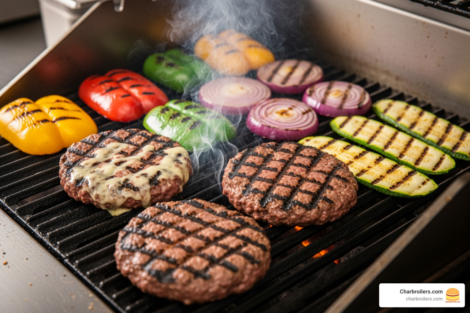 image of perfectly grilled burgers and vegetables with distinct sear marks - commercial gas grill for restaurant image of perfectly grilled burgers and vegetables with distinct sear marks - commercial gas grill for restaurant