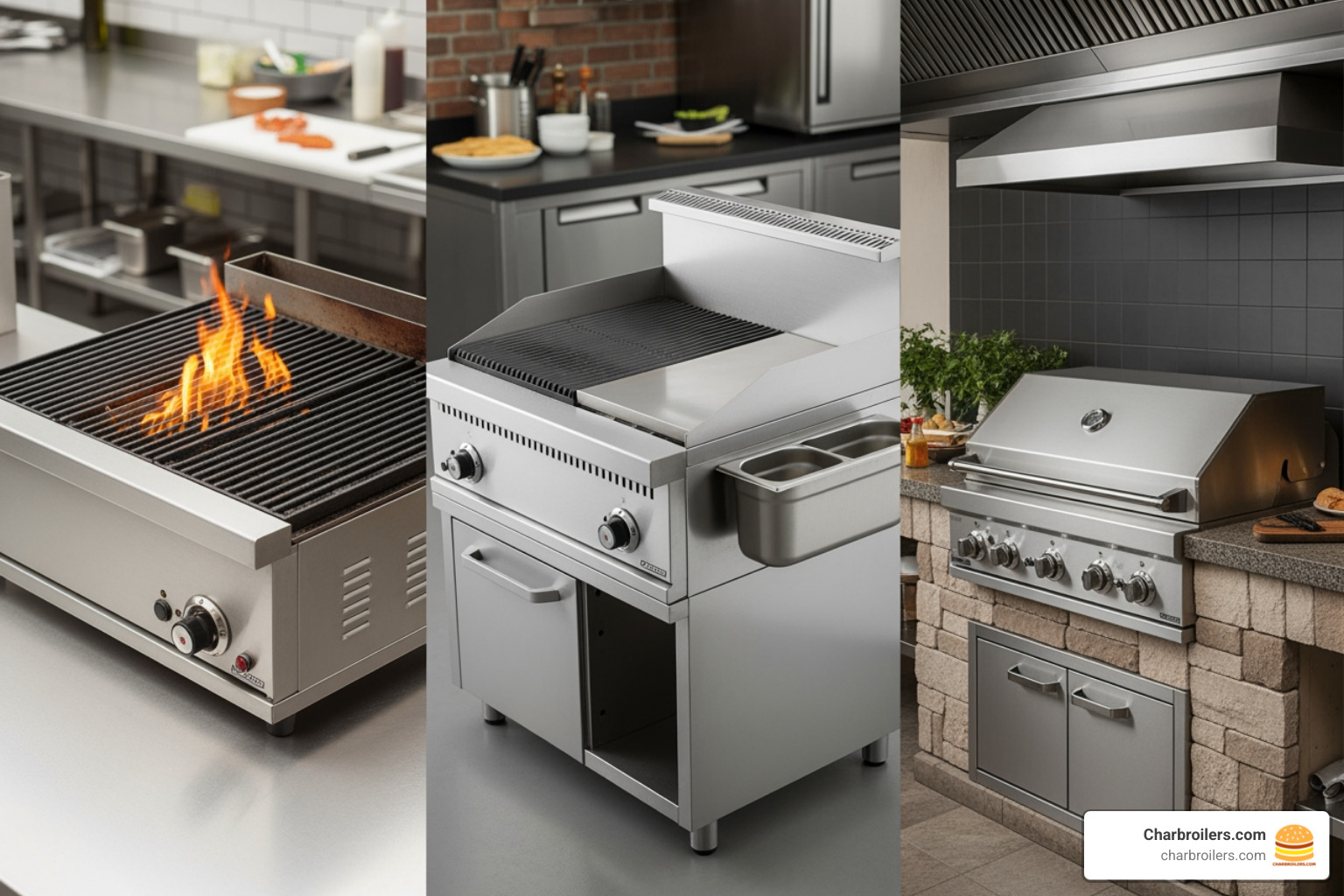 image showing a lineup of different commercial grill types: a countertop charbroiler, a freestanding flat top, and a built-in outdoor grill - commercial gas grill for restaurant image showing a lineup of different commercial grill types: a countertop charbroiler, a freestanding flat top, and a built-in outdoor grill - commercial gas grill for restaurant