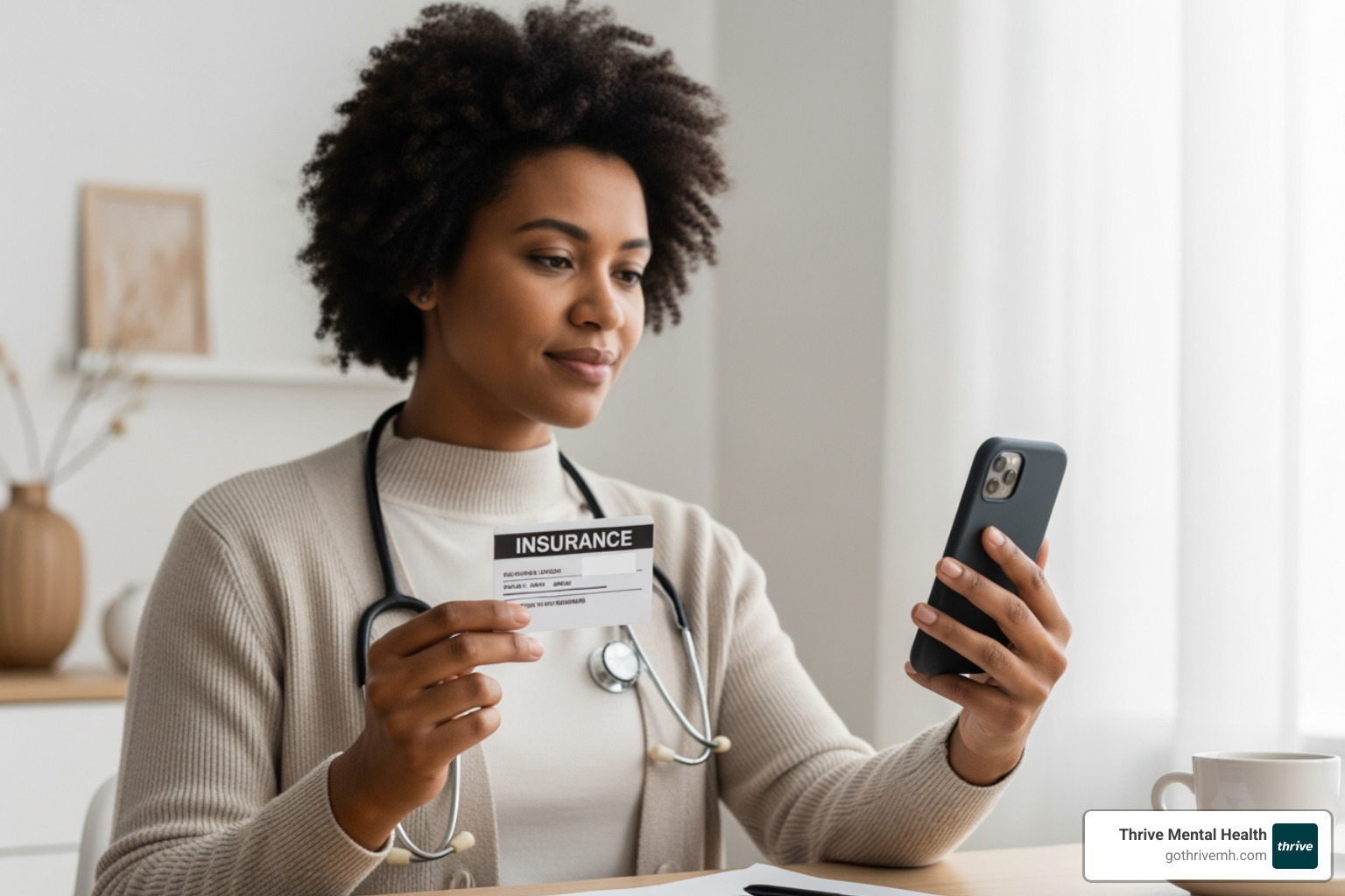 Person holding insurance card and smartphone - Florida virtual mental health programs.