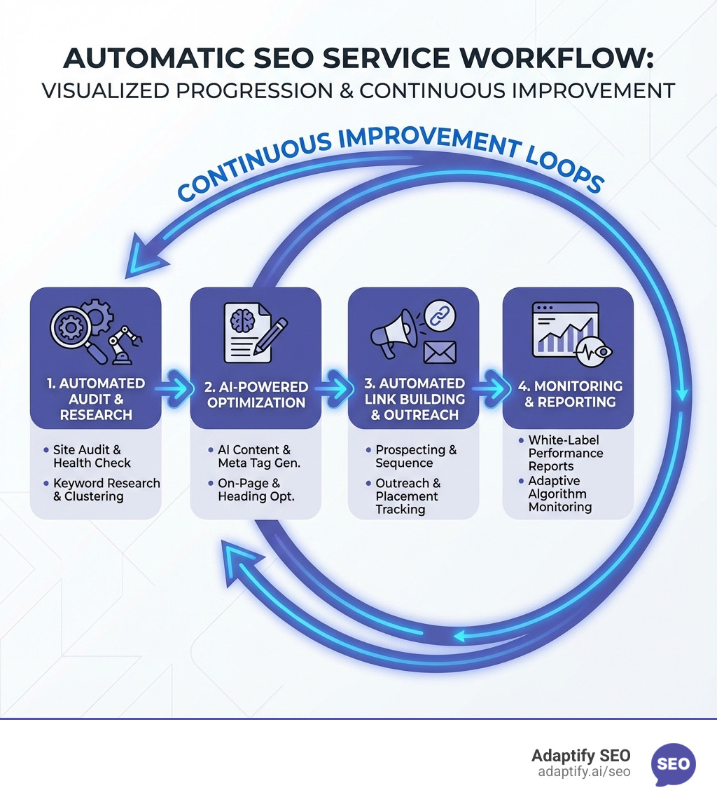 Infographic showing the automatic SEO workflow: Starting with automated site audit and keyword research, flowing to AI-powered content optimization and meta tag generation, then to automated link building and outreach, and finally to white-label reporting and adaptive algorithm monitoring with continuous improvement loops - Automatic SEO Service infographic