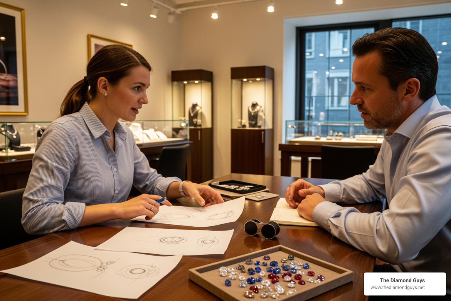 A jeweler and client discussing design ideas at a consultation table, with sketches and gemstones laid out. - custom engagement ring with own stone