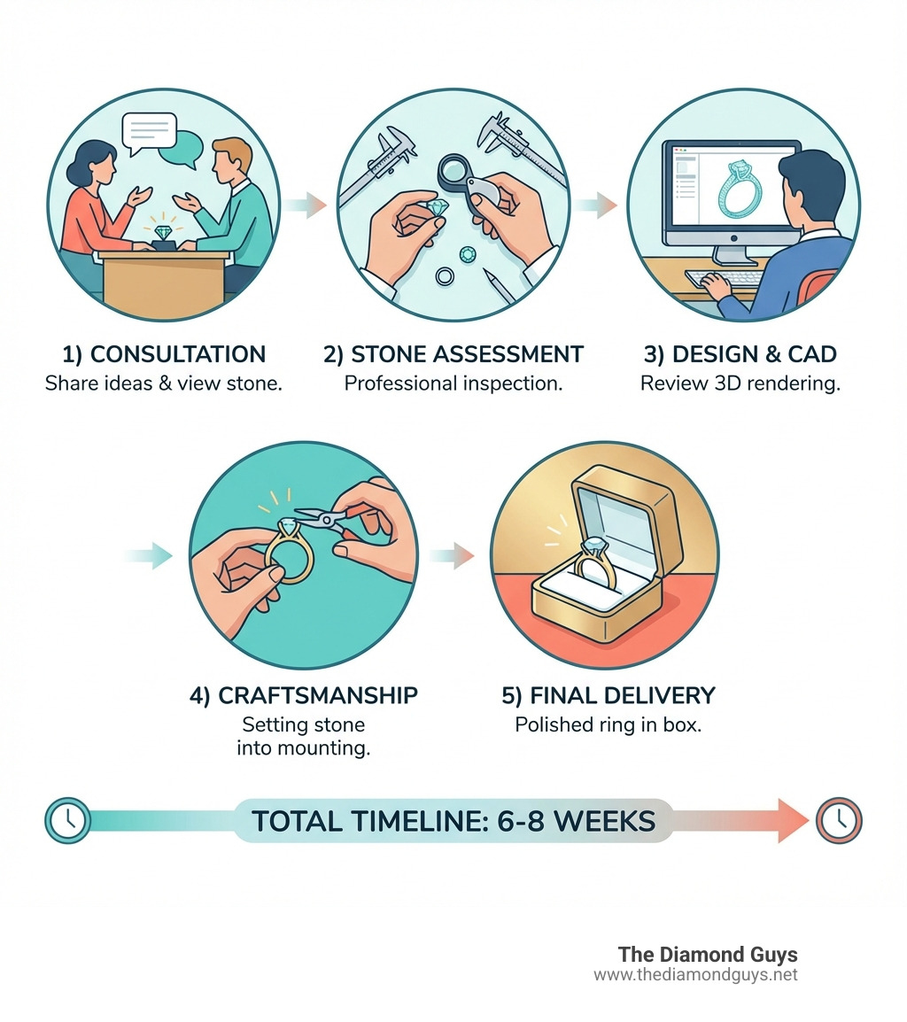 Infographic showing the custom engagement ring process: 1) Consultation with jeweler showing stone and discussing ideas, 2) Gemologist inspecting stone with loupe and tools, 3) Designer presenting 3D CAD rendering on computer, 4) Goldsmith setting stone into finished mounting, 5) Final polished ring in presentation box. Timeline shows 6-8 weeks total. - custom engagement ring with own stone infographic 