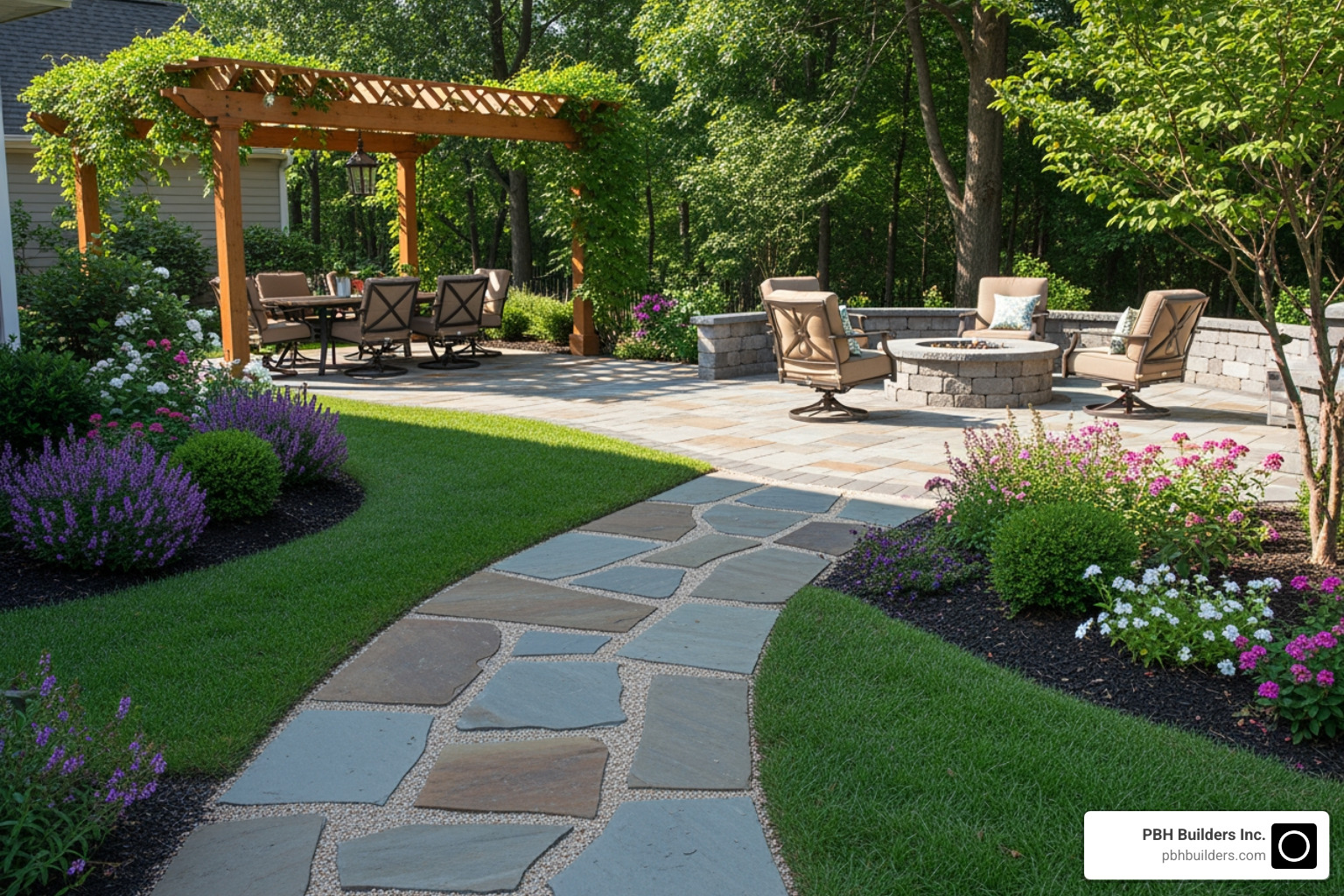 neat flagstone walkway leading to custom patio - hardscapes carlsbad