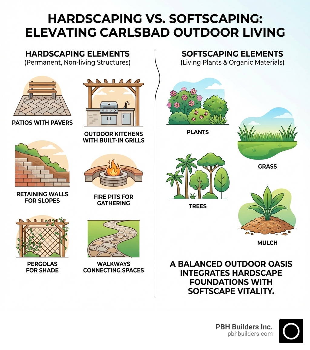 infographic showing hardscaping elements including patios with pavers, retaining walls for slopes, outdoor kitchens with built-in grills, fire pits for gathering, pergolas for shade, and walkways connecting spaces, compared to softscaping elements like plants, trees, grass, and mulch - hardscapes carlsbad infographic 