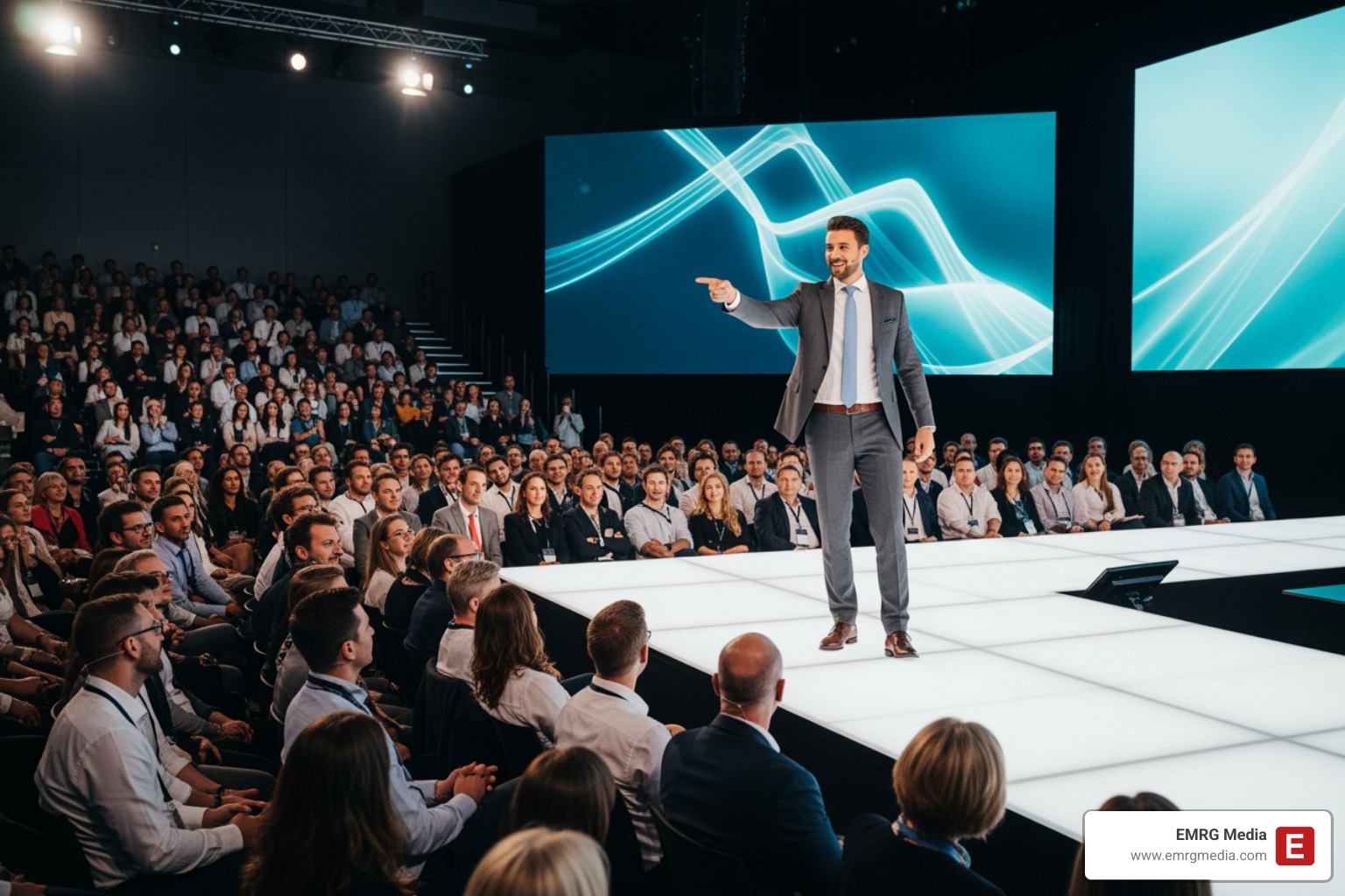 Speaker engaging an inspired audience at a corporate event - corporate event experience design Speaker engaging an inspired audience at a corporate event - corporate event experience design