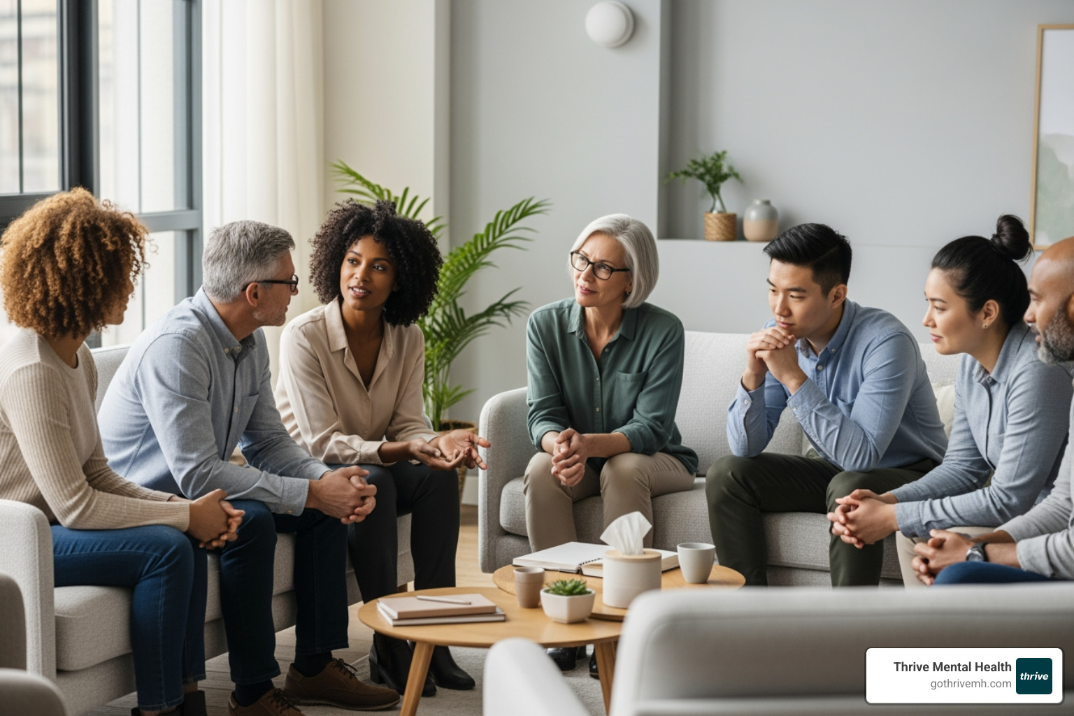 Diverse group of people in a supportive therapy session - Best mental health programs in Greenville, SC. Diverse group of people in a supportive therapy session - Best mental health programs in Greenville, SC.