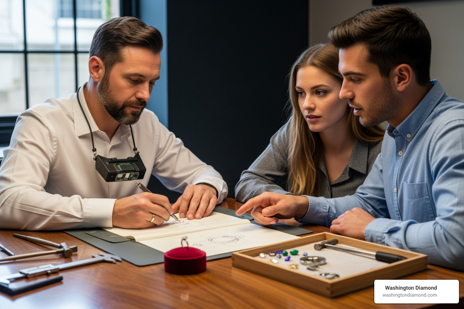 Image of a jeweler sketching a ring design with a couple - custom wedding bands DC