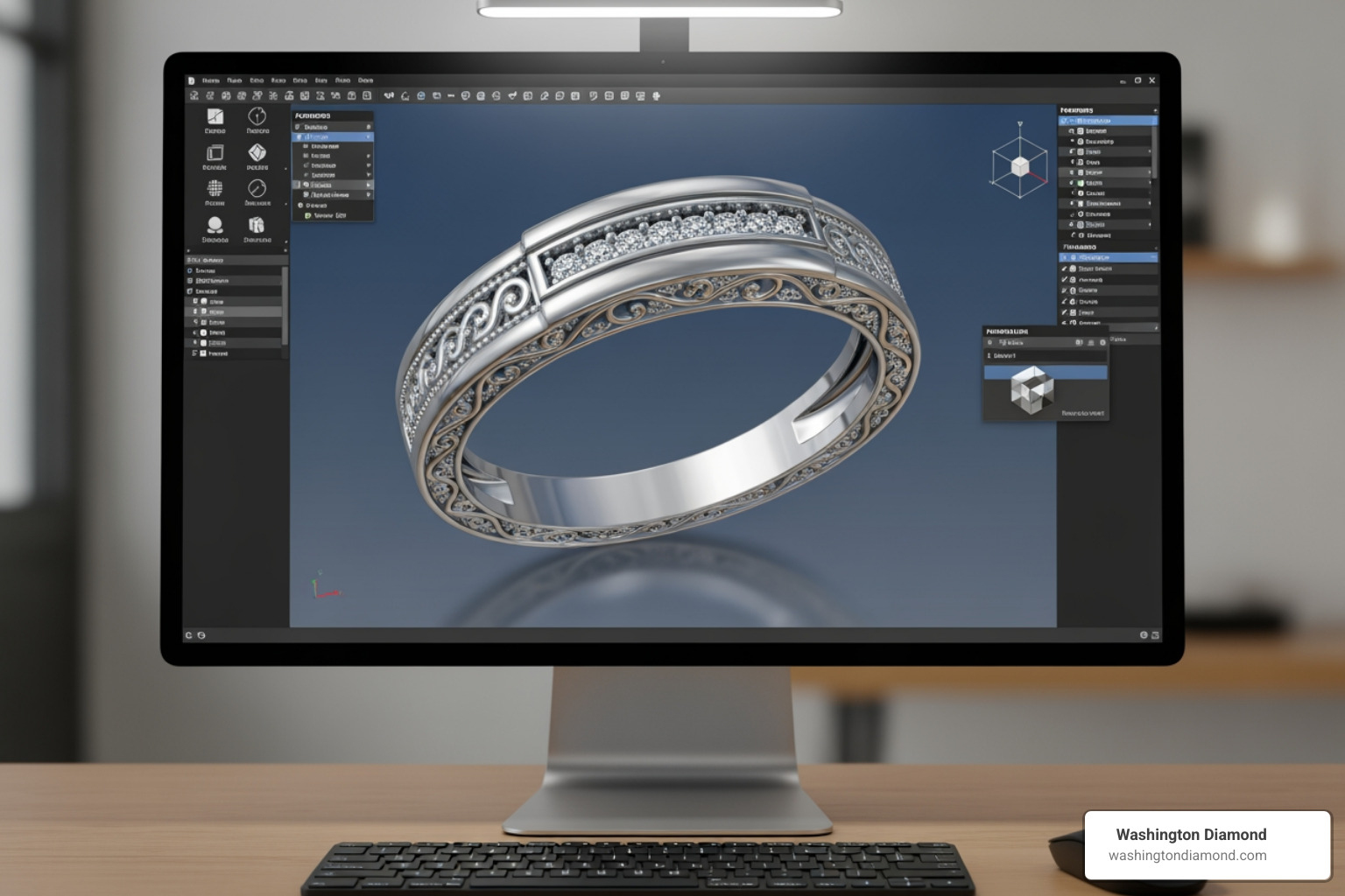 Image of a CAD rendering of a wedding band on a computer screen - custom wedding bands DC