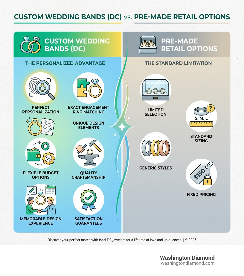 Infographic comparing custom wedding bands versus pre-made options, showing benefits like perfect personalization, exact engagement ring matching, unique design elements, flexible budget options, quality craftsmanship, memorable design experience, and satisfaction guarantees versus limited selection, standard sizing, generic styles, and fixed pricing of retail bands - custom wedding bands DC infographic 