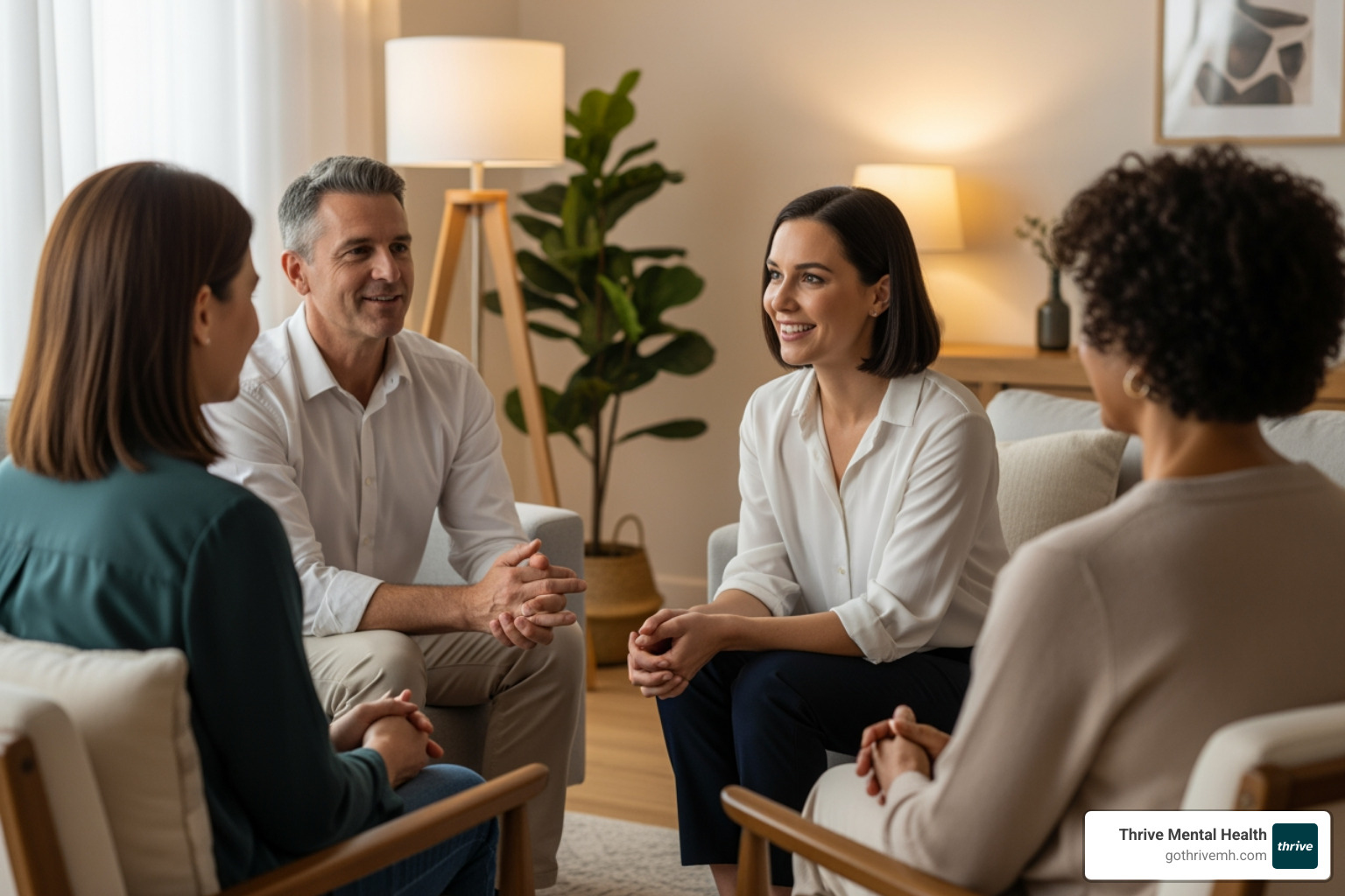 Family therapy session with a therapist and two family members in a warm, comfortable setting - Florida centers for partial hospitalization programs.