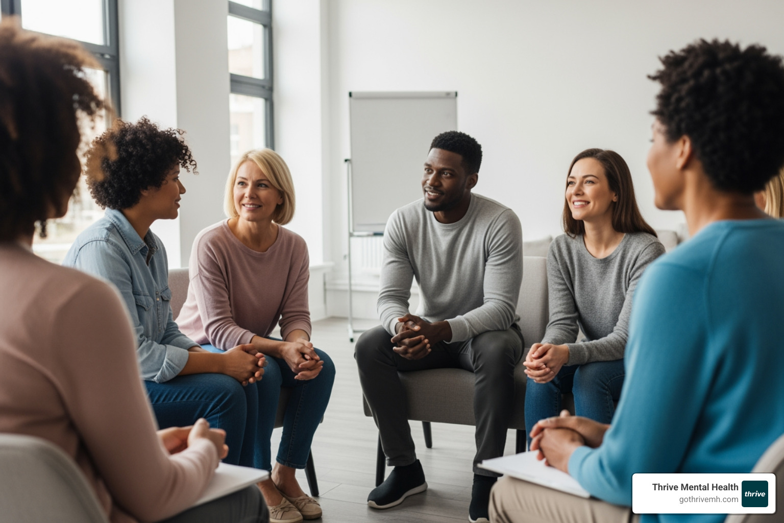 Adults in group therapy in St. Petersburg, FL—diverse, supportive, and engaged. - Therapy programs for adults in St. Petersburg, FL.