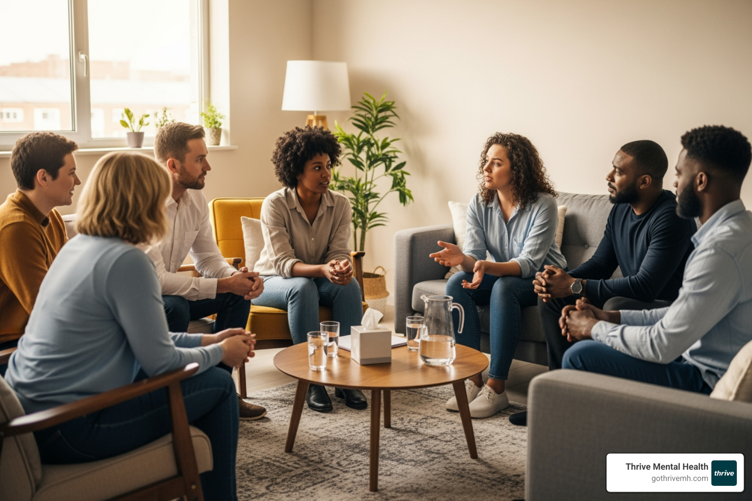 Diverse Sarasota group therapy session—people supporting each other in recovery. - Sarasota mental health support services.