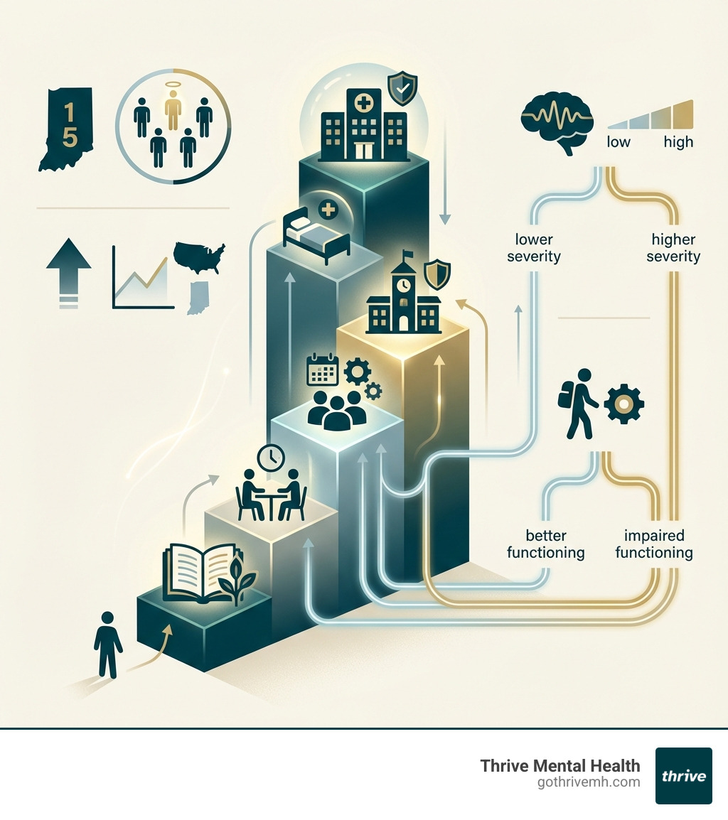 Infographic showing Indiana depression statistics, stepped care model from self-help to hospitalization, and key decision points for choosing therapy intensity based on symptom severity - Therapy options in Bloomington, Indiana for severe depression. infographic Infographic showing Indiana depression statistics, stepped care model from self-help to hospitalization, and key decision points for choosing therapy intensity based on symptom severity - Therapy options in Bloomington, Indiana for severe depression. infographic