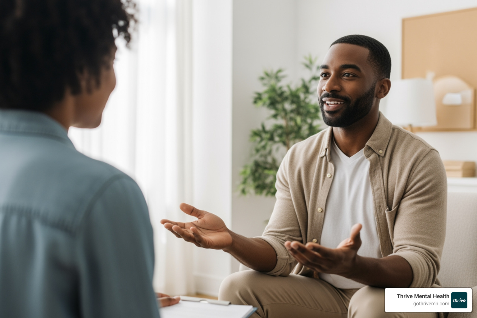 Therapist and adult in a one-on-one therapy session, conveying warmth and connection. - Jacksonville, FL mental health programs for adults. Therapist and adult in a one-on-one therapy session, conveying warmth and connection. - Jacksonville, FL mental health programs for adults.