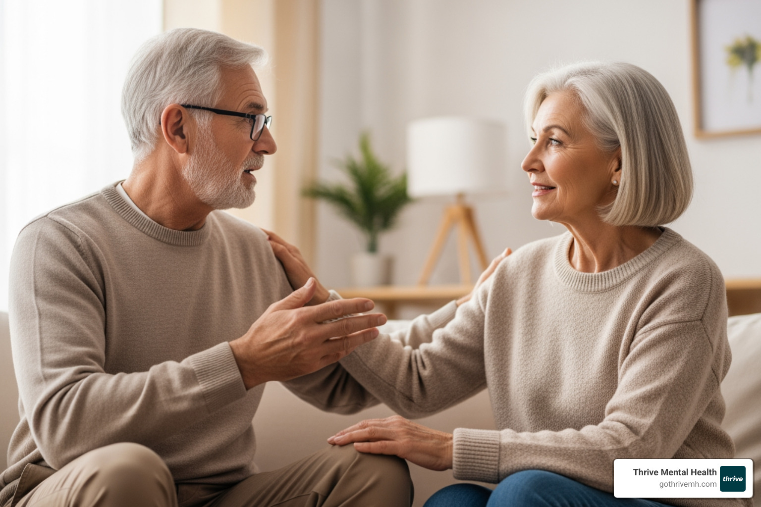 Two older adults in a supportive group setting, sharing experiences and offering comfort. - Jacksonville, FL mental health programs for adults. Two older adults in a supportive group setting, sharing experiences and offering comfort. - Jacksonville, FL mental health programs for adults.