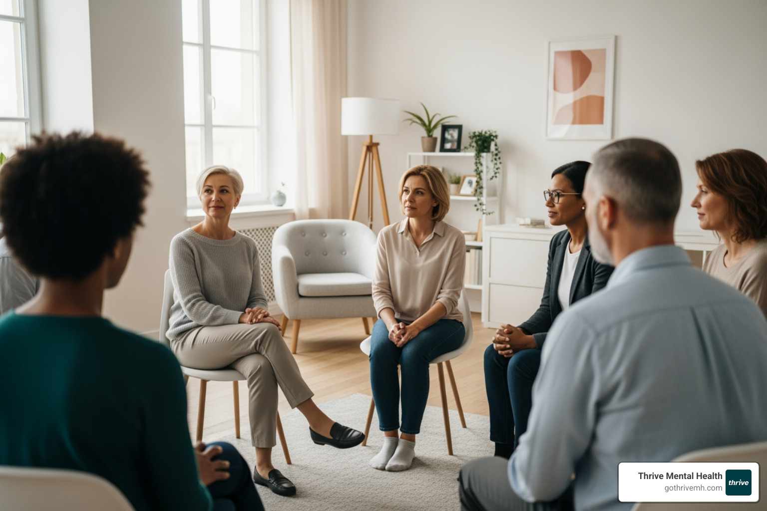 A diverse group of people engaged in a supportive group therapy session, emphasizing connection and shared experience - Sacramento mental health treatment centers.