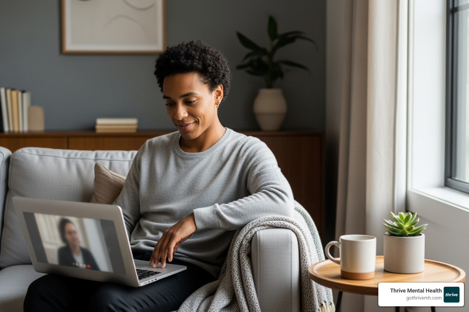 A person attending a virtual therapy session on a laptop, surrounded by a calm and modern home environment - Sacramento mental health treatment centers.