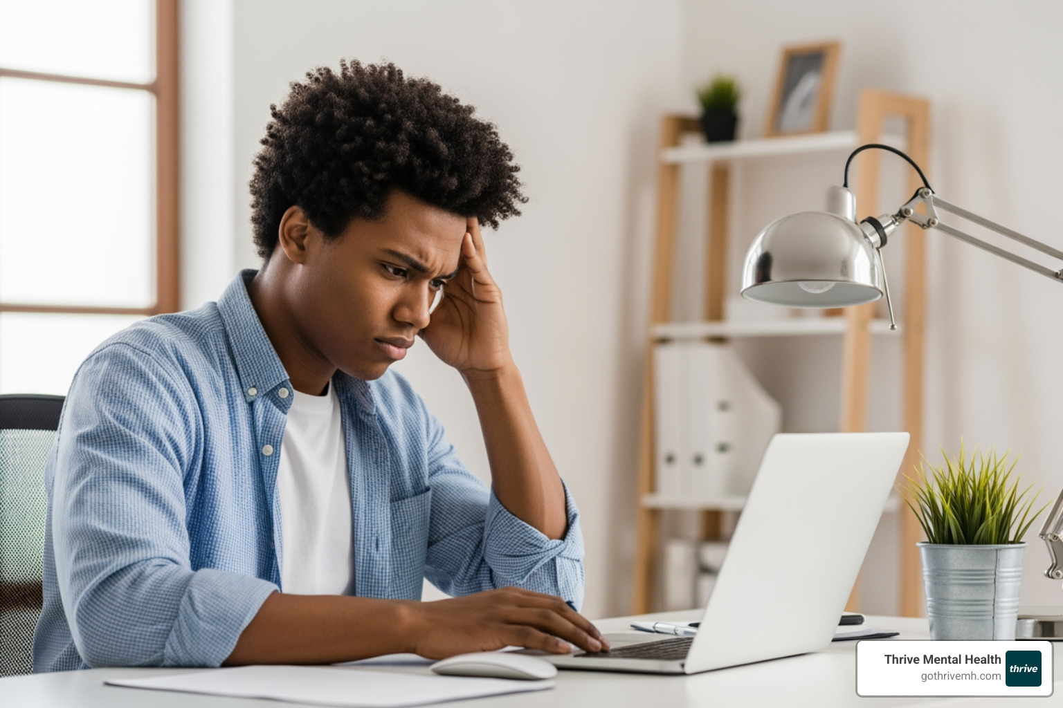 Young professional in Florida experiencing work stress - Florida mental health support for young professionals. Young professional in Florida experiencing work stress - Florida mental health support for young professionals.