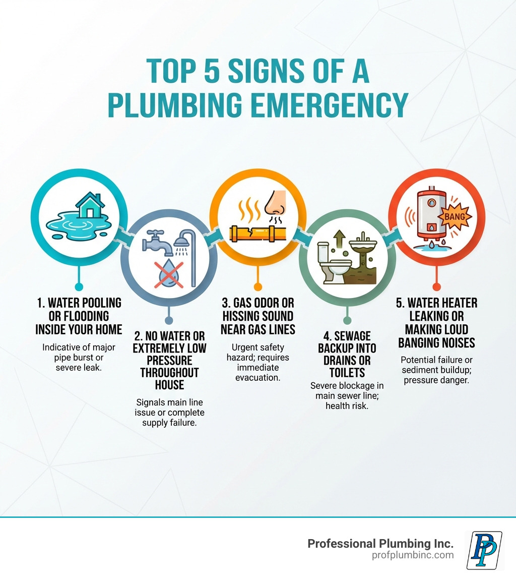 Infographic showing the top 5 signs of a plumbing emergency: 1) Water pooling or flooding inside your home, 2) No water or extremely low pressure throughout the house, 3) Gas odor or hissing sound near gas lines, 4) Sewage backing up into drains or toilets, 5) Water heater leaking or making loud banging noises - emergency plumber fountain valley infographic 