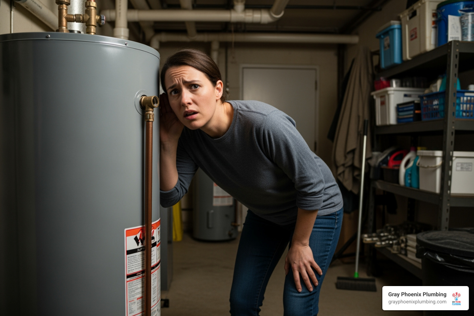 Person listening to a noisy water heater - water heater flushing service