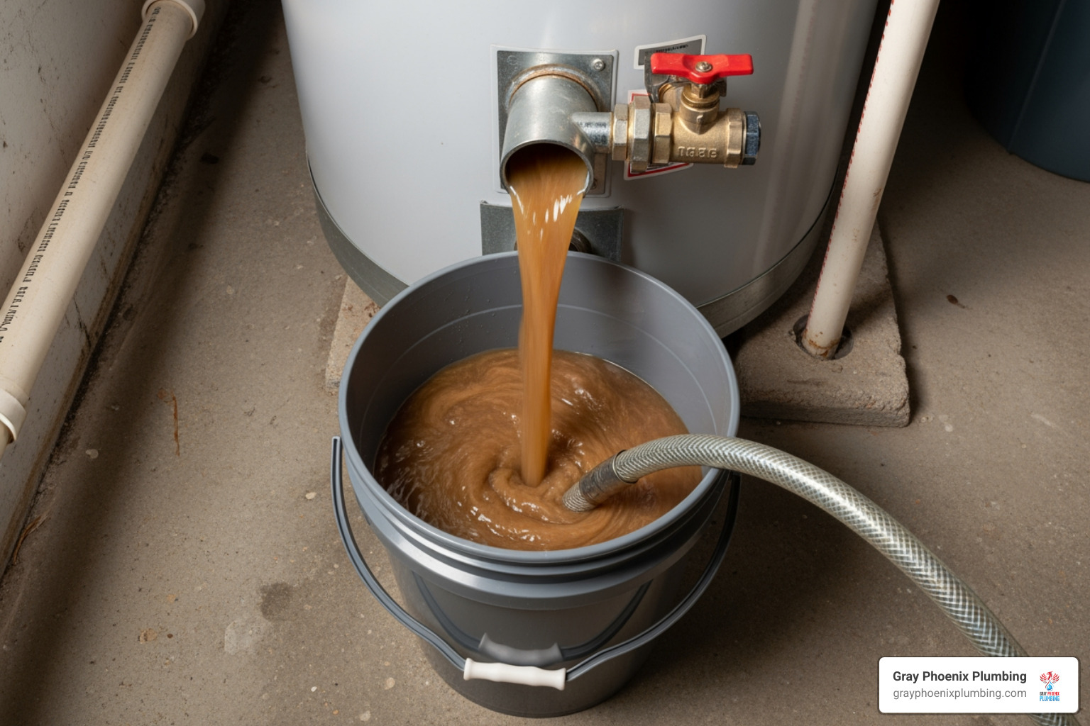 Sediment being flushed from a water heater tank - water heater flushing service