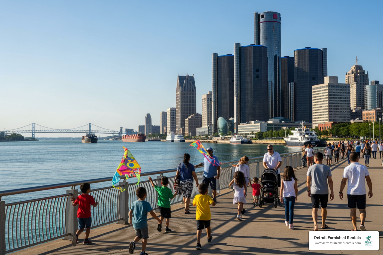 Families walking and running along the Detroit Riverwalk - Detroit Biking and Running Paths