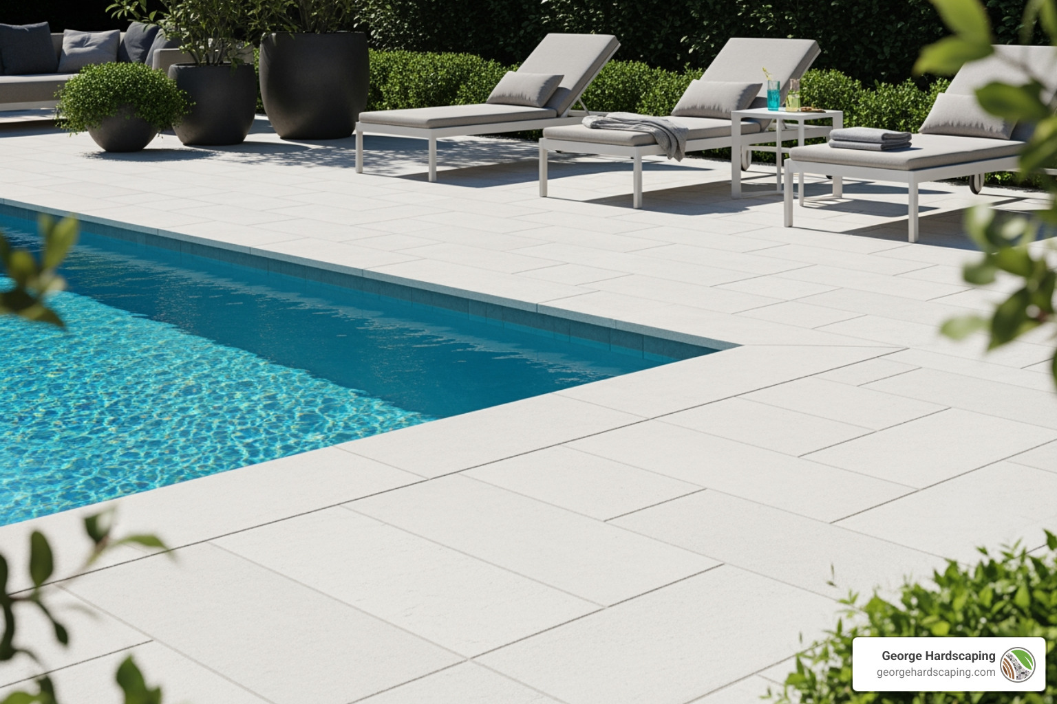 Collage of porcelain paver styles: wood-look, stone-look, and concrete-look for pool decks - porcelain pavers for pool deck