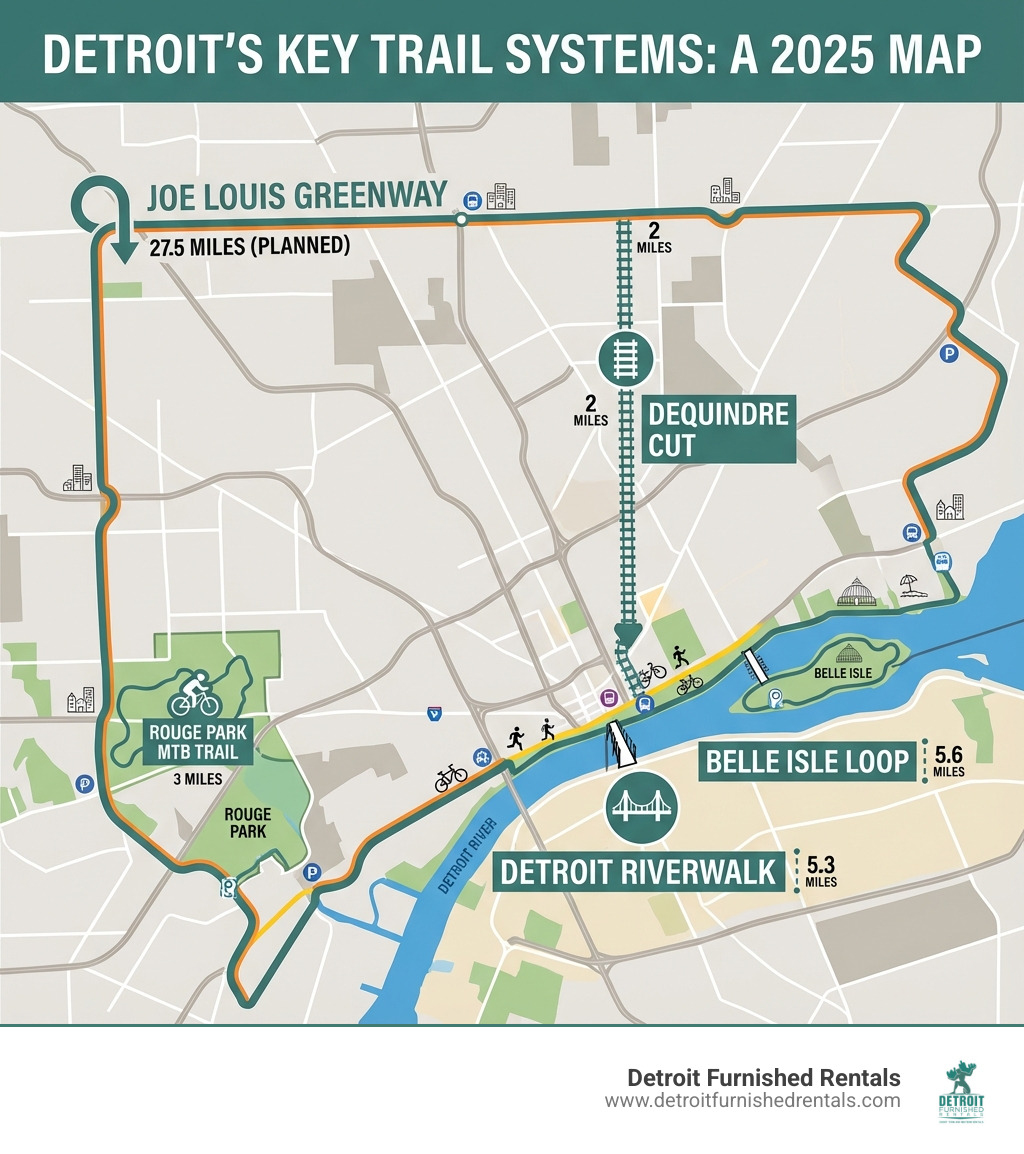 Infographic showing a stylized map of Detroit's key trail systems including the Detroit Riverwalk along the waterfront, the Dequindre Cut running north-south through the city, Belle Isle as an island in the Detroit River, the Joe Louis Greenway forming a large loop through multiple neighborhoods, and Rouge Park in the western portion of the city, with distance markers and connectivity points clearly labeled - Detroit Biking and Running Paths infographic 