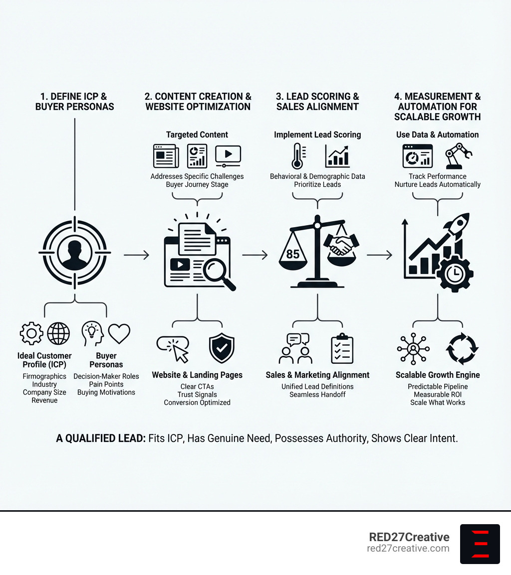 Infographic showing the complete qualified lead generation process: starting with defining ICP and buyer personas, moving through content creation and website optimization, implementing lead scoring and sales alignment, and ending with measurement and automation for scalable growth - Generate qualified leads infographic Infographic showing the complete qualified lead generation process: starting with defining ICP and buyer personas, moving through content creation and website optimization, implementing lead scoring and sales alignment, and ending with measurement and automation for scalable growth - Generate qualified leads infographic