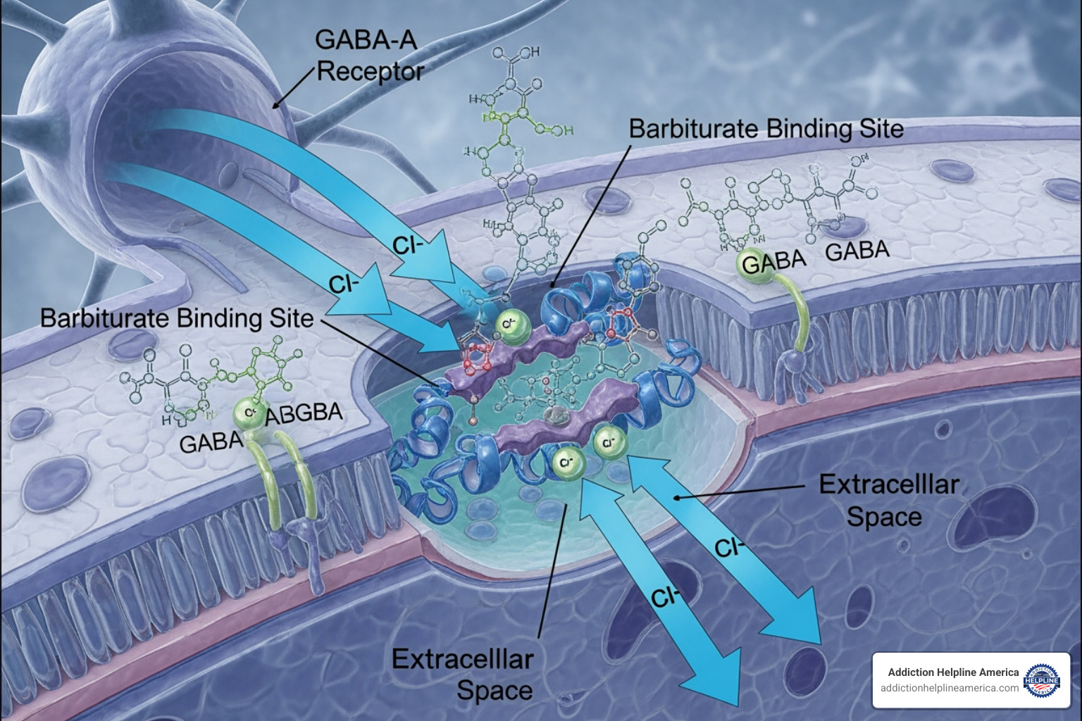 Illustration of barbiturates binding to GABA receptors in the brain, increasing chloride ion flow - what are barbiturates Illustration of barbiturates binding to GABA receptors in the brain, increasing chloride ion flow - what are barbiturates