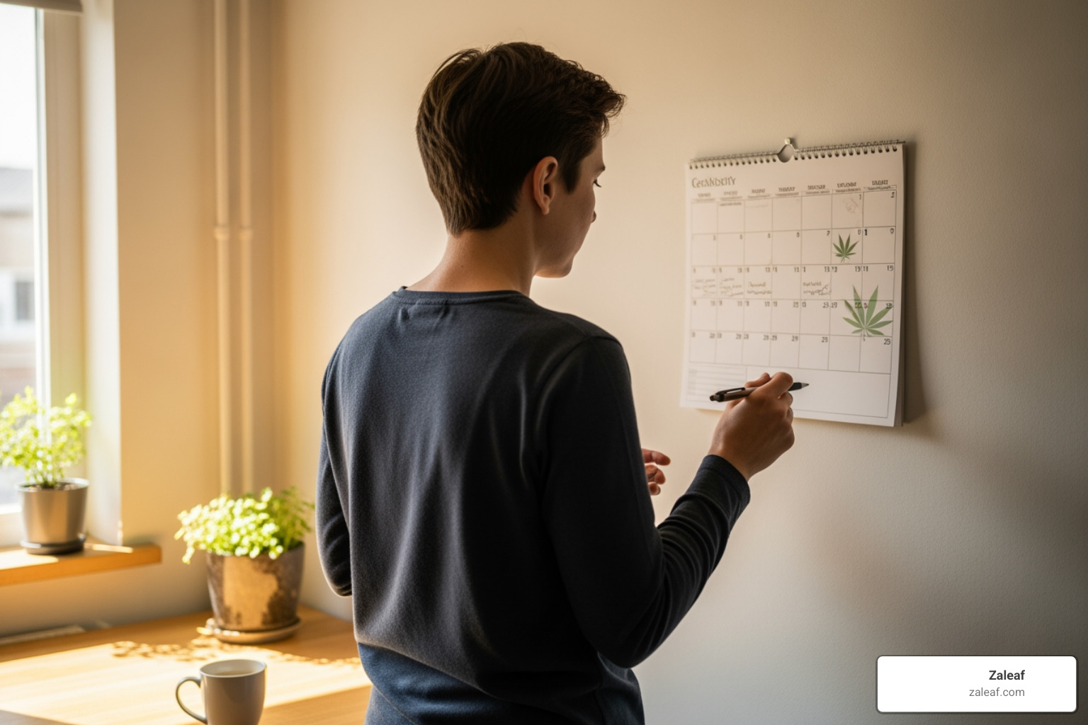 person looking at calendar with cannabis leaf - how long does thc stay in your system