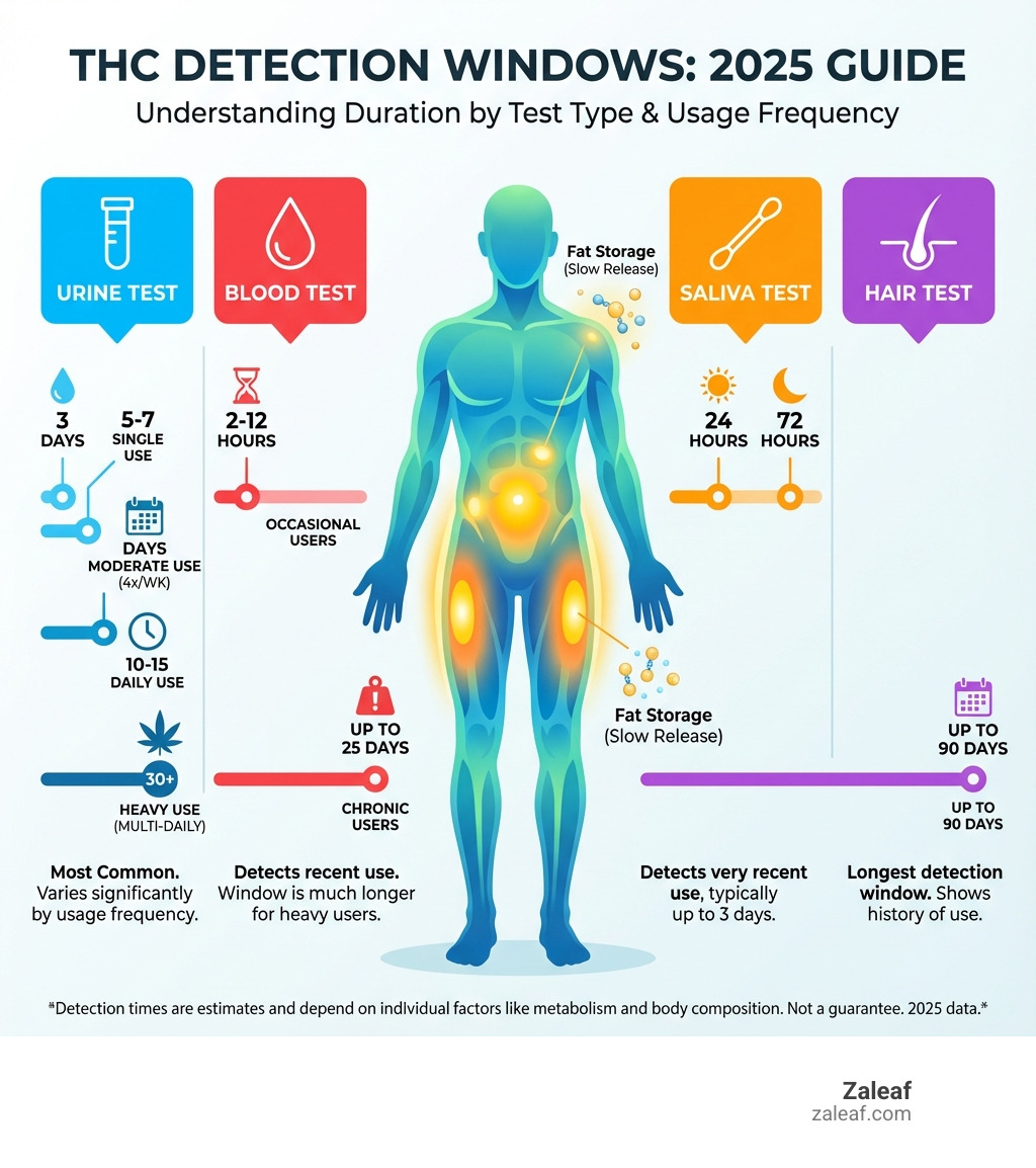 infographic showing THC detection windows across four test types: urine test showing 3-30+ days with breakdown by usage frequency, blood test showing 2-12 hours for occasional users and up to 25 days for chronic users, saliva test showing 24-72 hours, and hair follicle test showing up to 90 days, with icons representing each test type and a human body silhouette showing fat storage - how long does thc stay in your system infographic 