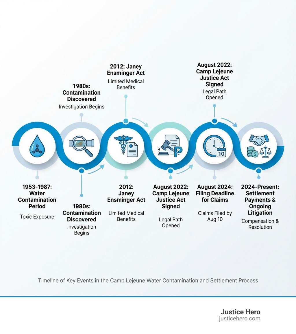Infographic showing the Camp Lejeune timeline: 1953-1987 water contamination period, 1980s contamination discovered, 2012 Janey Ensminger Act providing limited medical benefits, August 2022 Camp Lejeune Justice Act signed into law, August 2024 filing deadline for claims, 2024-present settlement payments and ongoing litigation - camp lejeune settlement infographic 