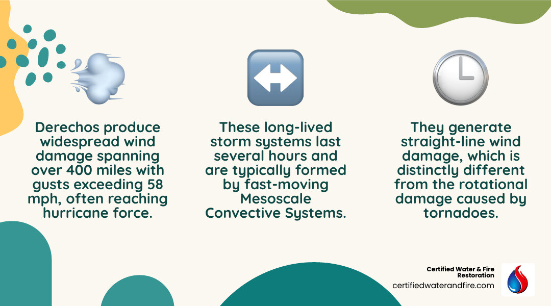 Infographic showing derecho storm characteristics: wind damage path extending 400+ miles, wind gusts of 58+ mph with several areas of 75+ mph gusts, straight-line damage pattern vs tornado's rotational damage, bow echo radar signature, duration of 3+ hours, and fast-moving MCS system - derecho storm infographic 3_facts_emoji_nature