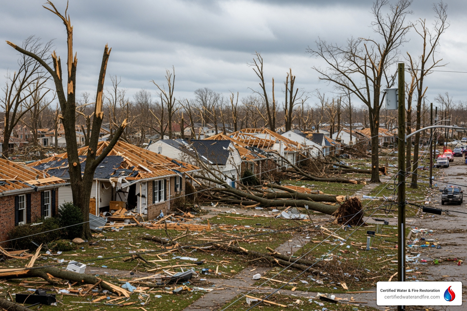 Widespread derecho damage with flattened trees and damaged homes - derecho storm