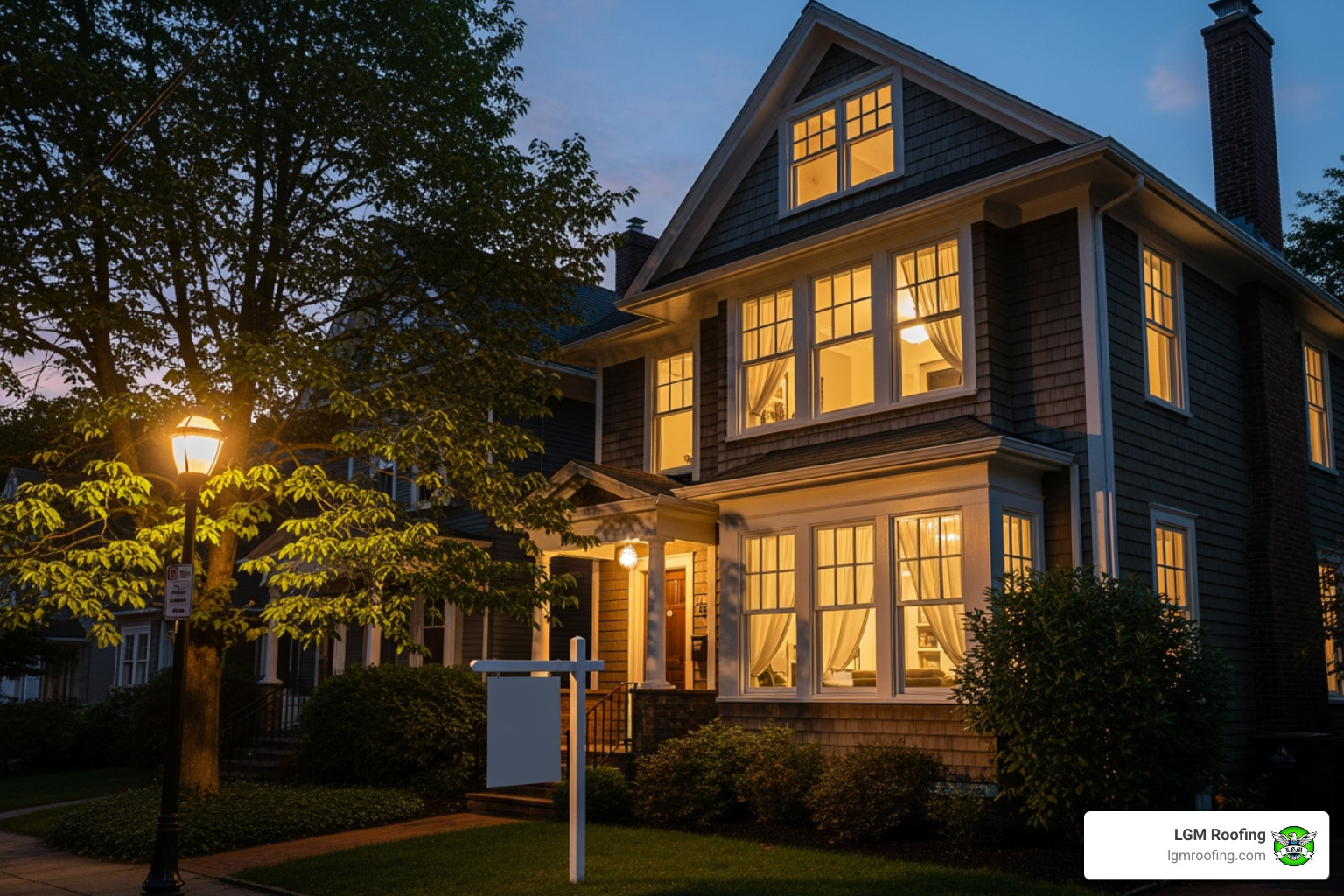 infographic showing five key benefits of modern replacement windows: lower energy bills with 25-30 percent savings on climate control, increased home value and curb appeal, improved indoor comfort with better insulation, enhanced security with modern locking systems, and reduced noise from outside - affordable window remodeling in montclair, nj Elegant home in Montclair, NJ, showcasing energy-efficient windows illuminated at dusk, with a lamppost and greenery, representing LGM Roofing's window remodeling services.