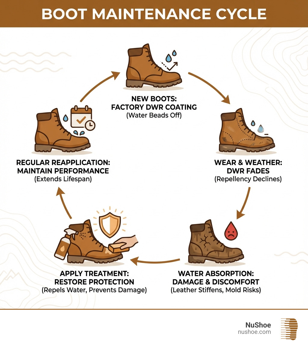 infographic showing the boot maintenance cycle: new boots with factory DWR coating, DWR wearing off from use and weather exposure, water absorption leading to leather damage and discomfort, application of waterproofing treatment restoring protection, and regular reapplication maintaining boot performance and extending lifespan - Boot waterproofing treatment infographic 