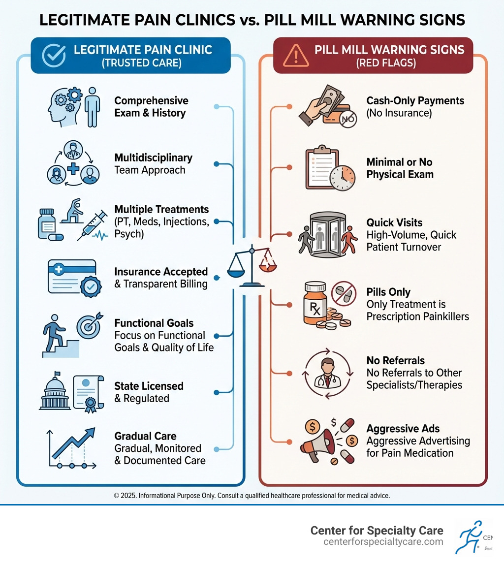 Infographic showing two columns: Legitimate Pain Clinic characteristics (comprehensive exam, team approach, multiple treatments, insurance billing, functional goals, state licensed, gradual care) versus Pill Mill warning signs (cash only, minimal exam, quick visits, pills only, no referrals, aggressive ads for medication) - are pain management clinics legitimate infographic 
